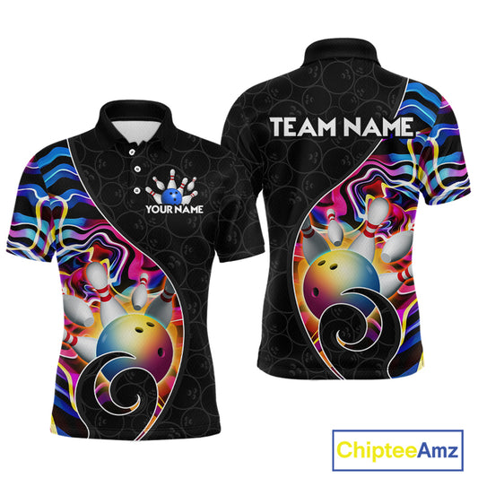 Men’s blue neon wave strike bowling shirt with custom name, front view polo design on white background