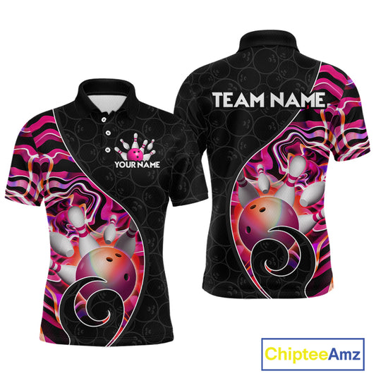 Men’s pink neon wave strike bowling shirt with custom name, front view polo design on white background