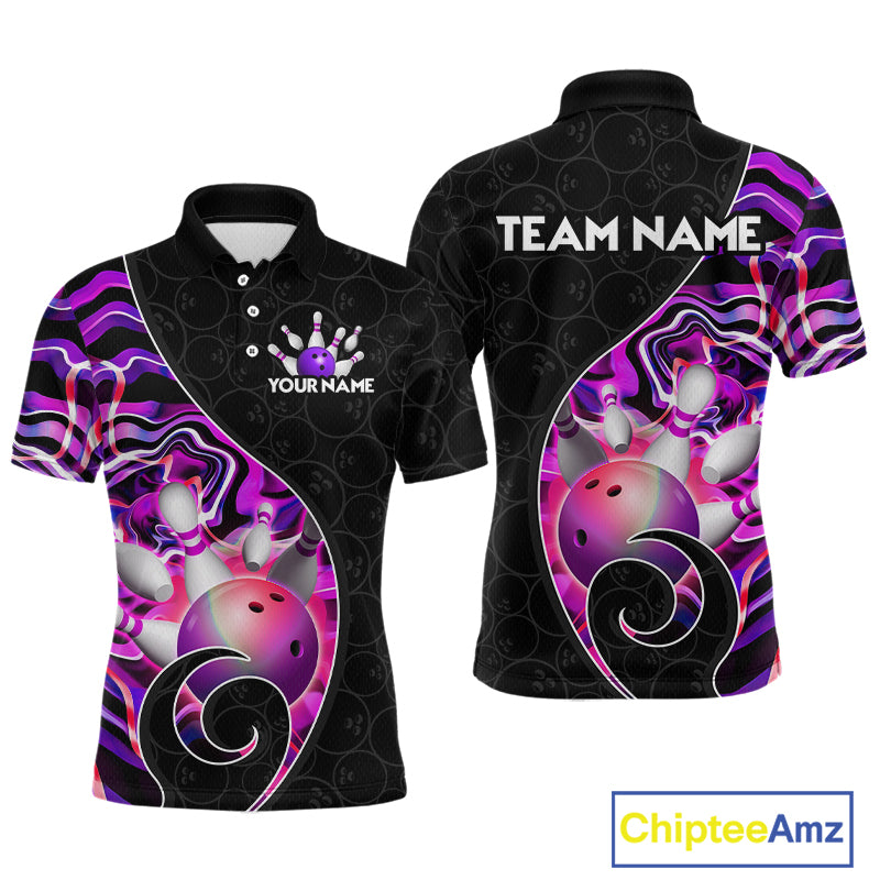 Men’s purple neon wave strike bowling shirt with custom name, front view polo design on white background