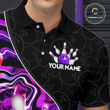 Load image into Gallery viewer, Men’s purple neon wave bowling polo shirt, angled front view showing custom team design