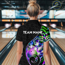 Load image into Gallery viewer, Women’s green neon wave bowling polo shirt, angled front view showing custom team design