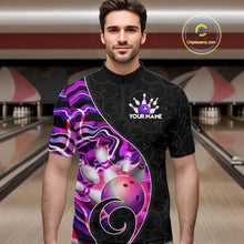 Load image into Gallery viewer, Men’s purple neon wave bowling quarter zip shirt, front view on male model in bowling lane 