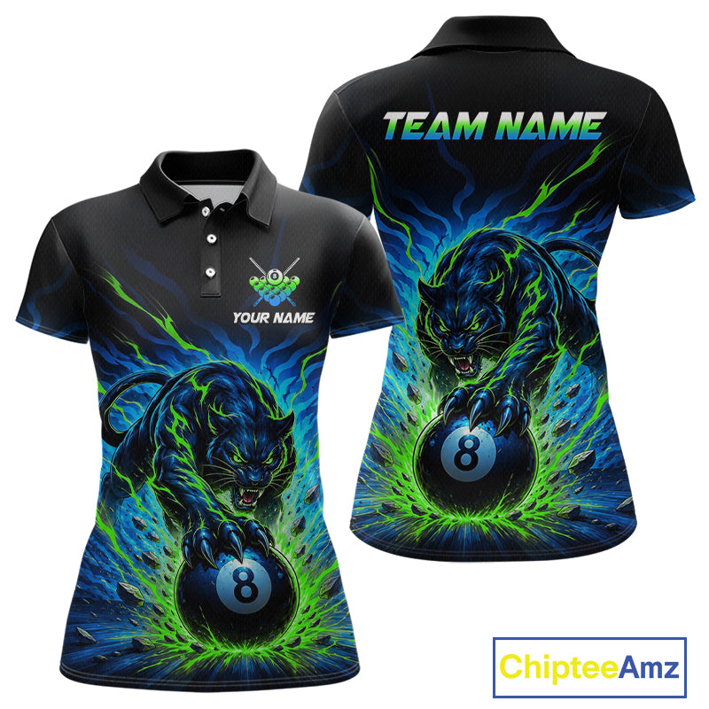 Black polo shirt with a panther holding a black eight-ball design, customizable text on front and back, Chiptee Amz branding.