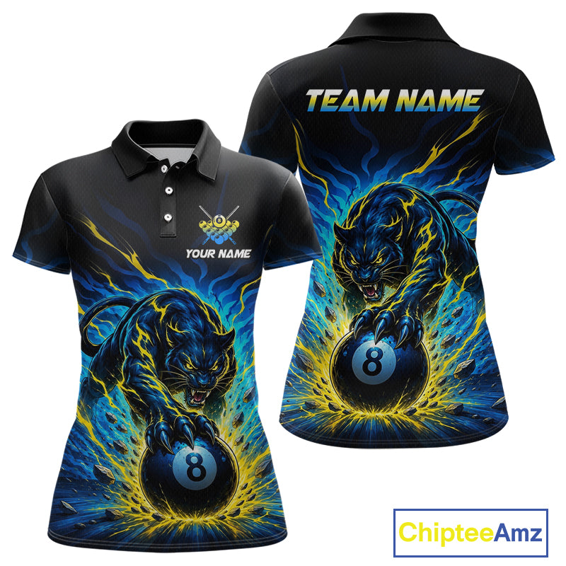 Black polo shirt with panther and 8-ball design, customizable text on front and back, Chiptee Amz branding.