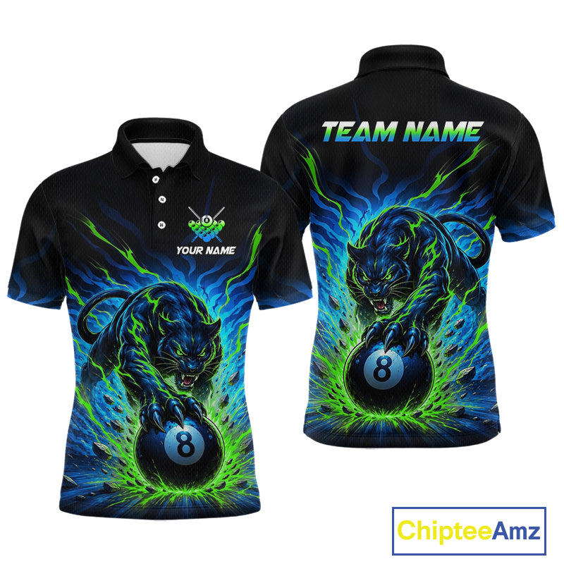 Black polo shirt with a panther and 8-ball design on a white background, featuring 'Chiptee Amz' branding.