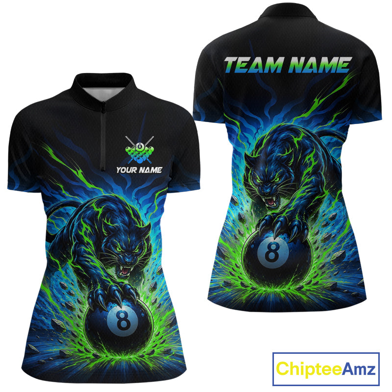 Black polo shirt with a panther holding an 8-ball design on the front, and 'Team Name' text on the back, featuring the brand 'Chiptee Amz'.