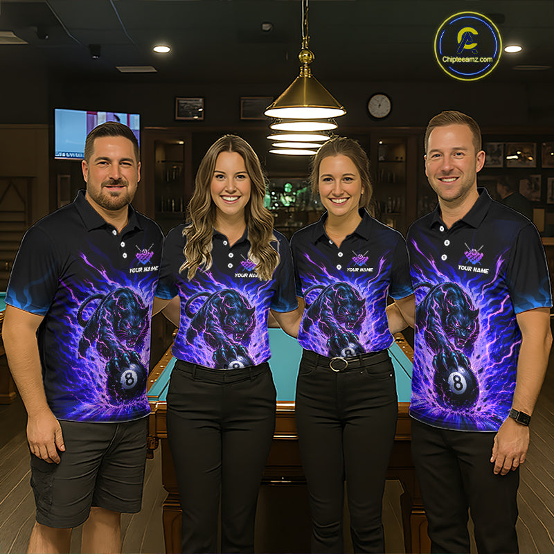 Four people wearing matching polo shirts with a dog and number 8 design in a bar setting.