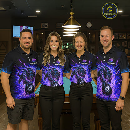 Four people wearing matching polo shirts with a dog and number 8 design in a bar setting.