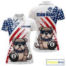 Load image into Gallery viewer, Polo shirt with bulldog design and American flag pattern, customizable with 'Your Name' and 'Team Name'.
