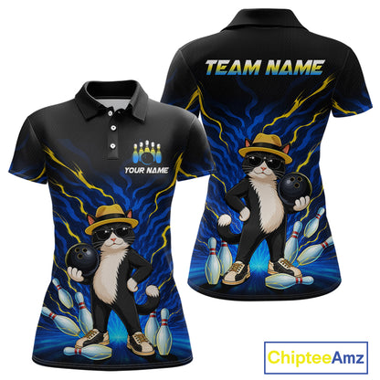 Custom short-sleeve polo shirt shown from front and back on a white background. The shirt is black with a blue and yellow lightning-bolt graphic, featuring a cartoon cat bowling character and bowling pins.