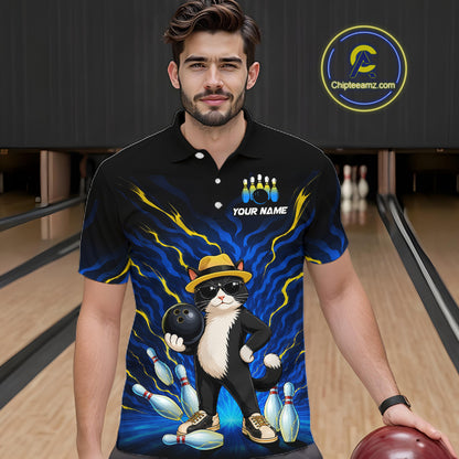 A man wearing a black short-sleeve polo shirt with a colorful bowling-themed graphic print featuring a cat, bowling pins, and blue lightning effects. The shirt has a customizable name print on the chest.