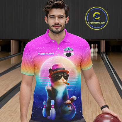 Custom Funny Cat Bowling Shirt for Men Retro Wave Bowling Team Jersey Polo & 1/4 Zip HNT200