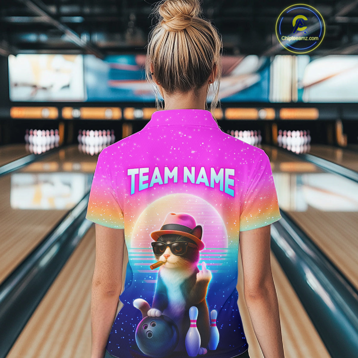 Custom Funny Cat Bowling Shirt for Women Retro Wave Bowling Team Jersey Polo & 1/4 Zip HNT200