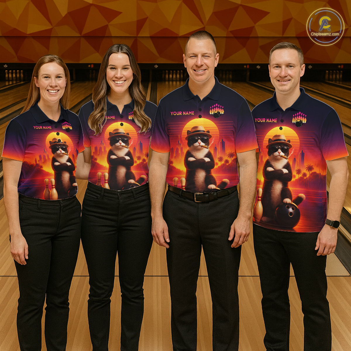 Custom Funny Cat Retro Bowling Jersey for Men Bowling Polo & 1/4 Zip Bowling Team Shirts HNT199