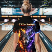 Load image into Gallery viewer, Women’s fire lightning wolf bowling polo shirt, back view on female model in bowling lane 