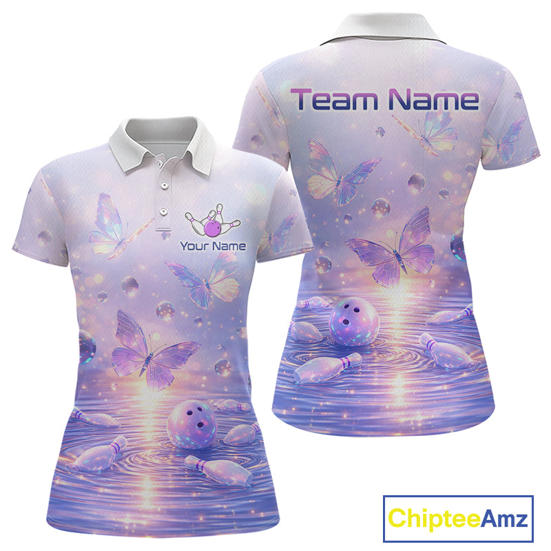 Custom Butterfly Pastel Purple Bowling Shirts For Women, Bowling Team Shirt With Butterflies HNT278