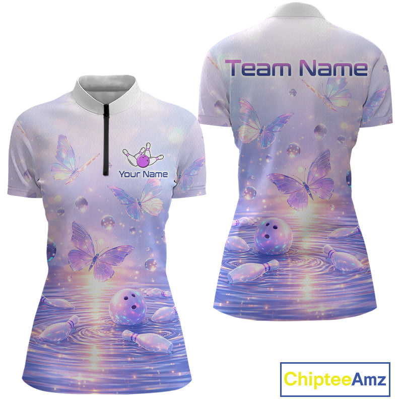 Custom Butterfly Pastel Purple Bowling Shirts For Women, Bowling Team Shirt With Butterflies HNT278