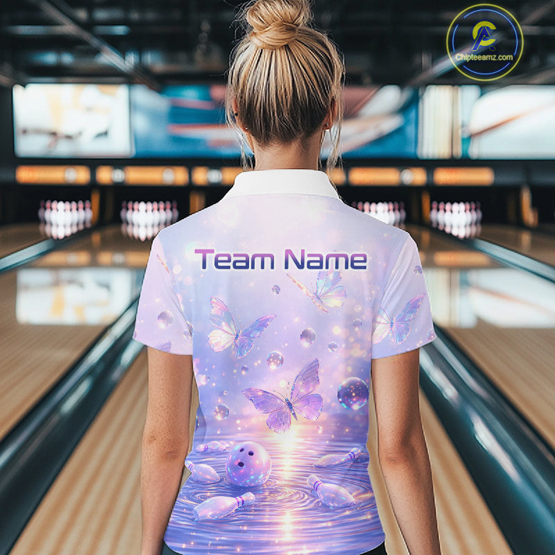 Custom Butterfly Pastel Purple Bowling Shirts For Women, Bowling Team Shirt With Butterflies HNT278