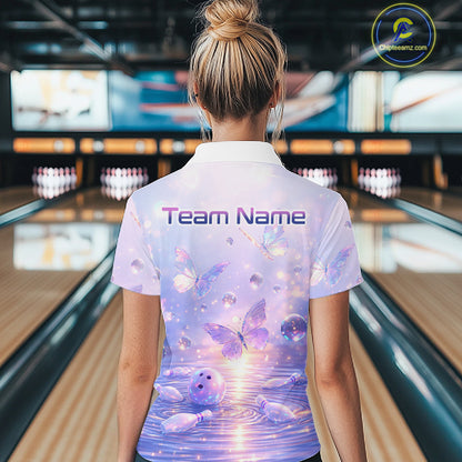 Custom Butterfly Pastel Purple Bowling Shirts For Women, Bowling Team Shirt With Butterflies HNT278