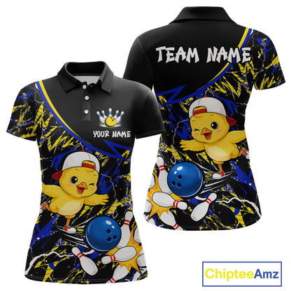 Black polo shirt with cartoon chicken design and customizable text on a white background