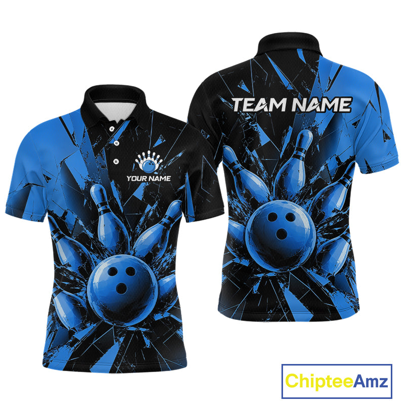 Custom bowling-themed short-sleeve polo shirt shown from both front and back views. The design features a glossy blue bowling ball and pins bursting from behind a black and blue cracked glass pattern.