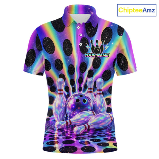 Custom neon cosmic bowling jersey for men, personalized team bowling polo shirt front view