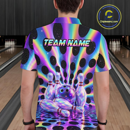 Men’s neon cosmic bowling polo shirt, back view on male model in bowling lane 