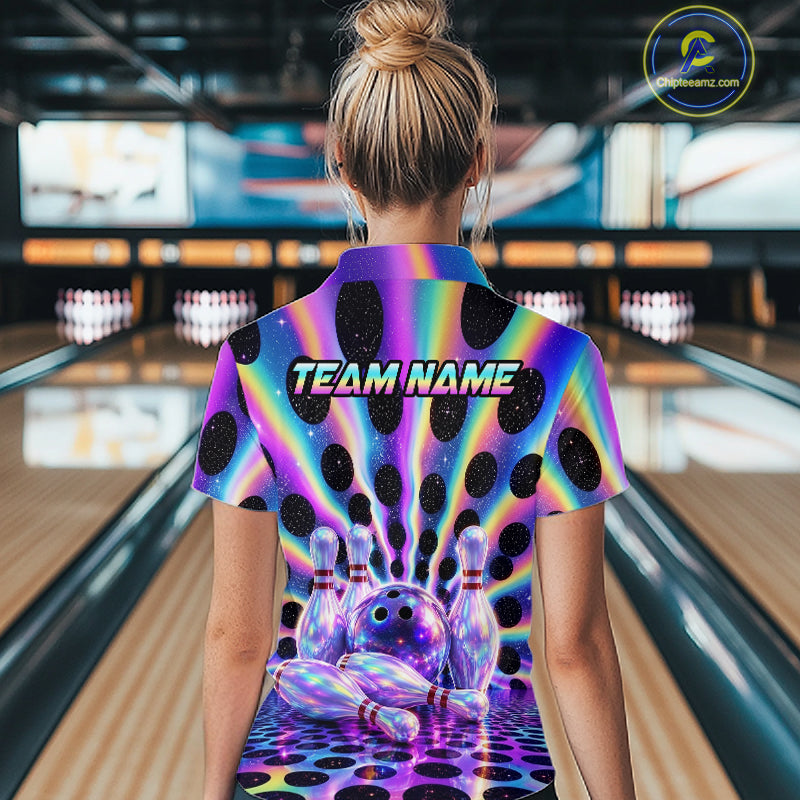 Women’s neon cosmic bowling polo shirt, back view on female model in bowling lane 