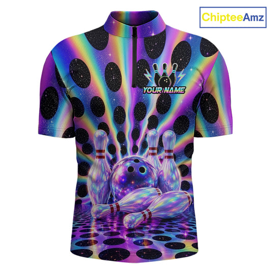 Custom neon cosmic bowling jersey for men, personalized team bowling quarter zip shirt front view