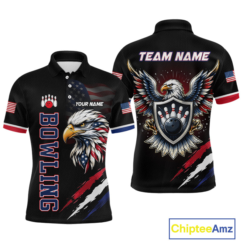 Black bowling shirt with eagle design and customizable text on a white background