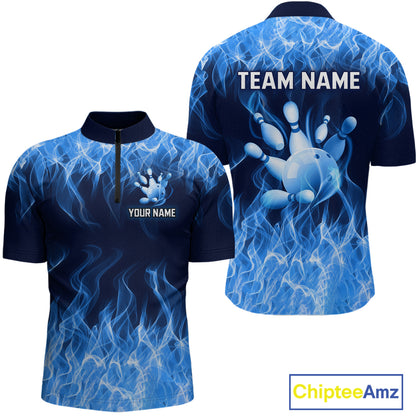 Custom Blue Flame Bowling Jersey for Men Polo & 1/4 Zip Bowling Team Shirts Bowling League HNT150