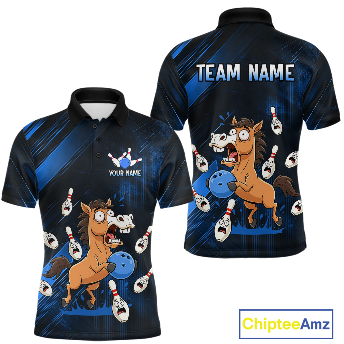 Custom Blue Funny Horse Bowling Jersey for Men Bowling Team Shirts Bowling Tournament HNT184