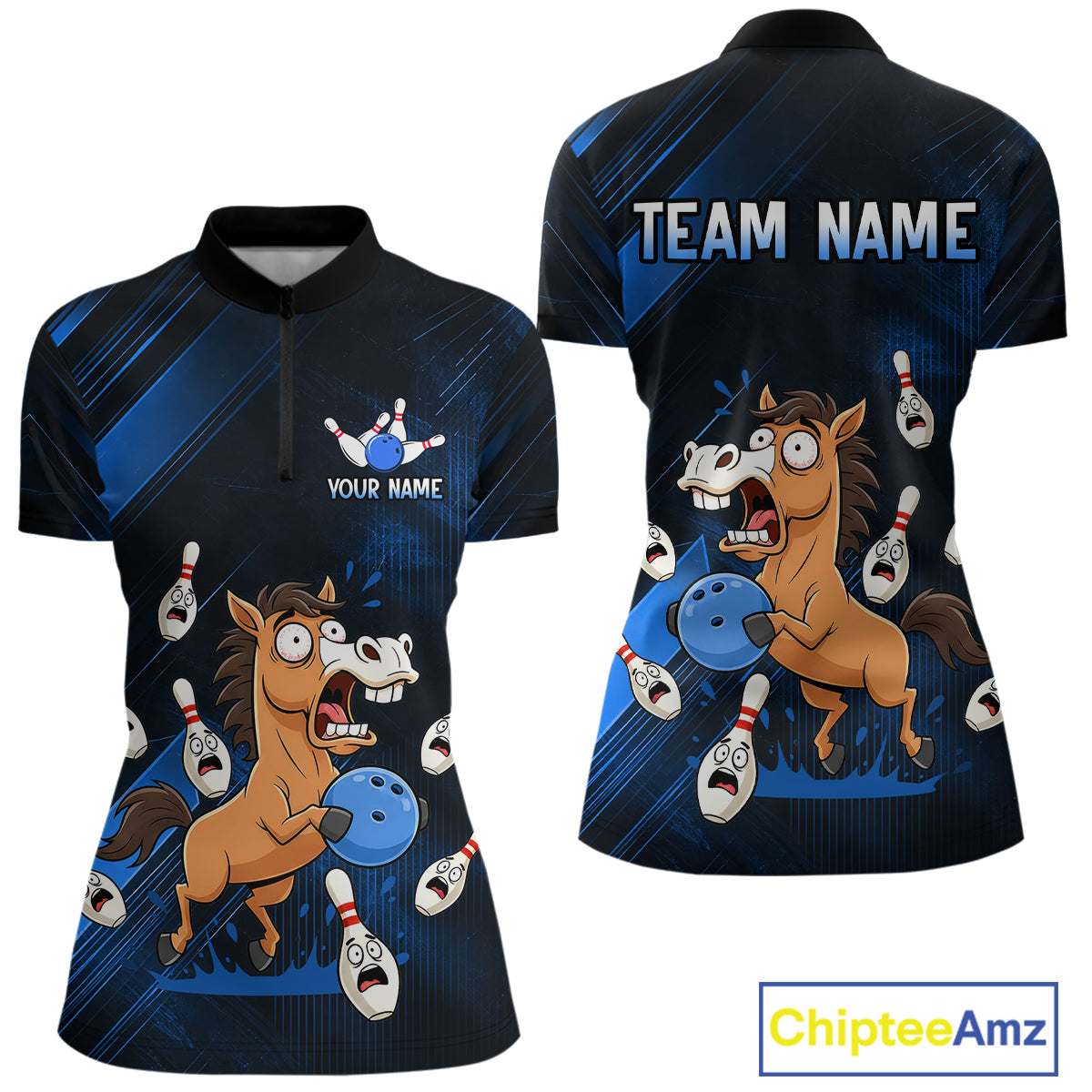 Custom Blue Funny Horse Bowling Jersey for Women Bowling Team Shirts Bowling Tournament HNT184