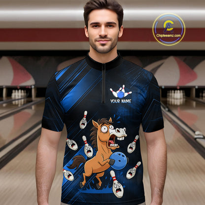 Custom Blue Funny Horse Bowling Jersey for Men Bowling Team Shirts Bowling Tournament HNT184