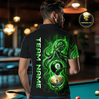 Man wearing a black t-shirt with green graphic design and 'Team Name' text, in a pool hall setting.