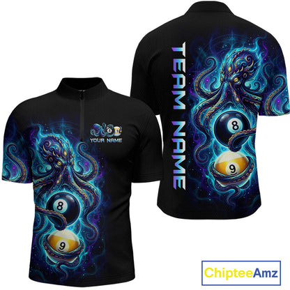 Black polo shirt with octopus design and 'Team Name' text on the back, featuring Chiptee Amz branding.