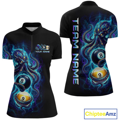 Black polo shirt with colorful design of billiard balls and octopus, featuring 'Chiptee Amz' branding.