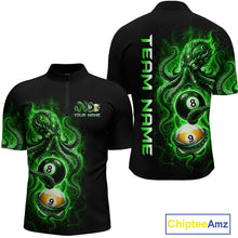 Load image into Gallery viewer, Black t-shirt with green octopus design and pool ball elements on a white background, featuring 'Chiptee Amz' branding.