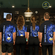 Load image into Gallery viewer, Four people wearing matching black shirts with blue designs and 'Team Name' text in a pool hall.