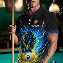 Load image into Gallery viewer, Man wearing a polo shirt with a panther design holding a pool cue in a billiards setting.
