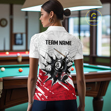 Load image into Gallery viewer, Person wearing a white polo shirt with a pool ball design and 'TEAM NAME' text in a billiards room.