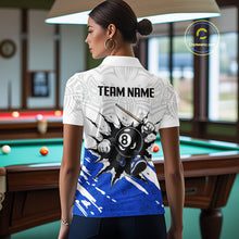 Load image into Gallery viewer, Person wearing a white polo shirt with a pool-themed design and 'TEAM NAME' text in a billiard room.