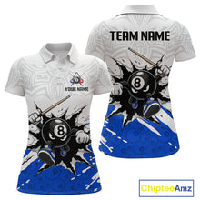 Load image into Gallery viewer, Customizable polo shirt with 8-ball design on a white and blue background, featuring 'Chiptee Amz' branding.