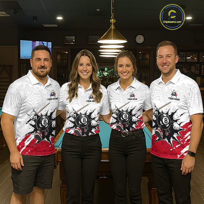 Four people wearing matching billiard-themed shirts in a billiard alley.