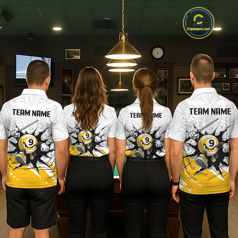 Four people wearing matching biliiard team shirts in a billiard alley.