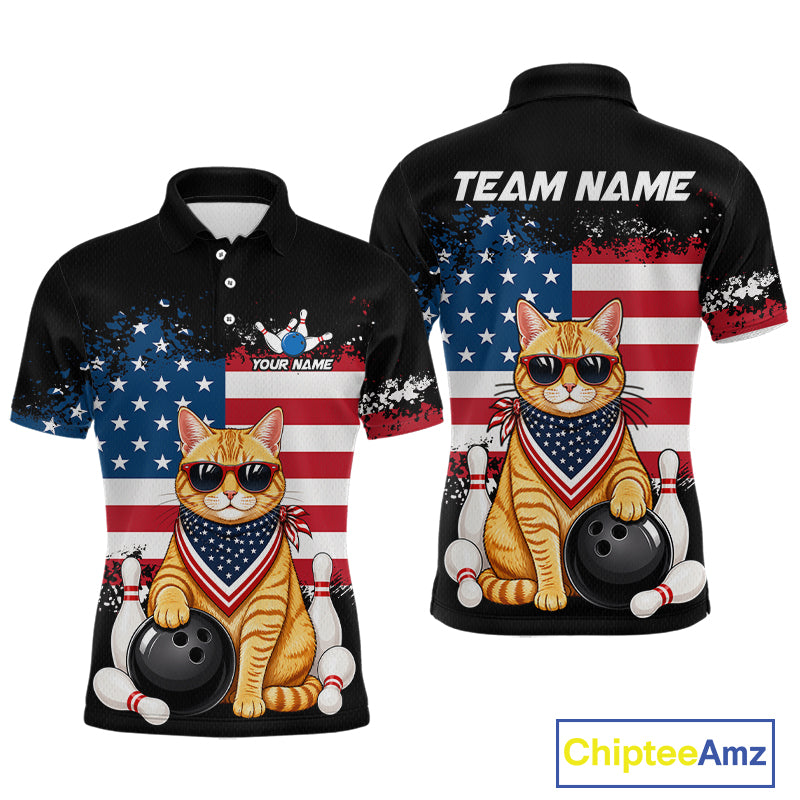 Custom us flag cat bowling jersey for men, personalized team bowling polo shirt front view and back view