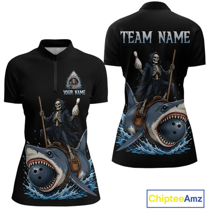 Black short-sleeve polo shirt shown from front and back, featuring a grim reaper riding a shark with bowling pins and balls, plus customizable text areas on the chest and back.