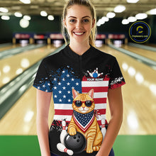 Load image into Gallery viewer, Women’s us flag cat bowling quarter zip shirt, front view on female model in bowling lane 