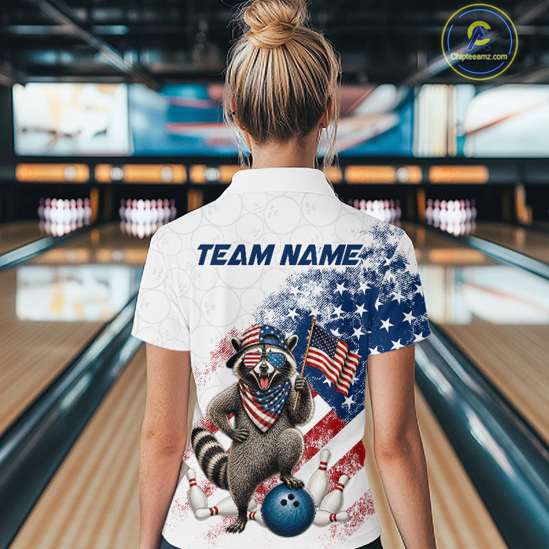 Women’s us flag raccoon bowling quarter zip shirt, back view on female model in bowling lane 