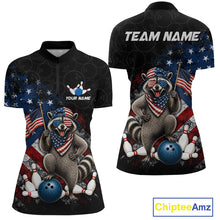 Load image into Gallery viewer, Custom us flag raccoon bowling jersey for women, personalized team bowling quarter zip shirt front view and back view